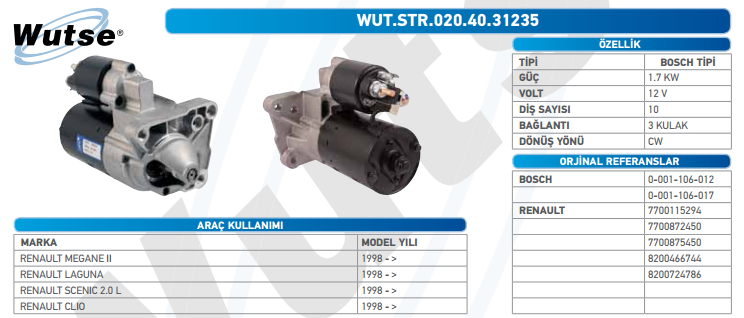 MARŞ MOTORU 12V (BOSCH TİPİ) CLIO II 00-/MGN I 2.0