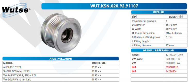 ALTERNATÖR KASNAĞI (BOSCH TİPİ) AUDI A3 1.9TDİ/SKODA/OCTAVI 1.9