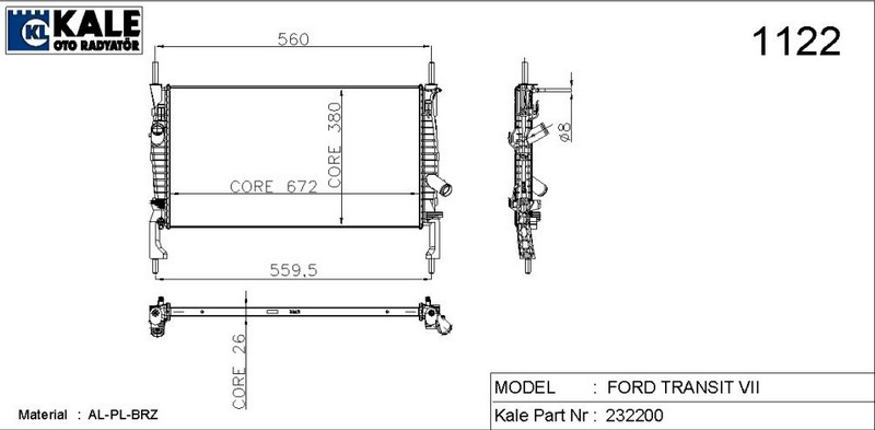 SU RADYATÖRÜ (BRAZING)(MT) FORD TRANSİT TURBO V347 NAC (1 SIRA ALB)