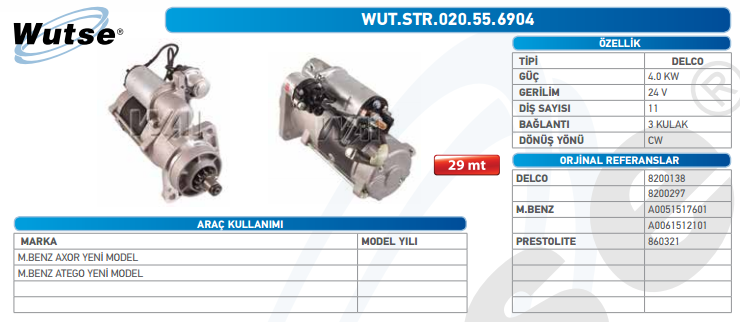 MARŞ MOTORU 24V 4.0KW 11T 29 MT M.BENZ ATEGO/AXOR