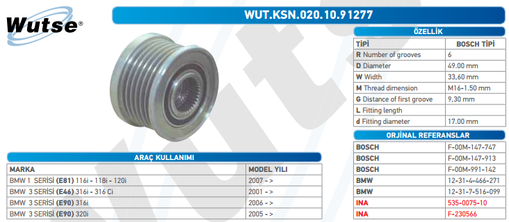 ALTERNATÖR KASNAĞI (BOSCH TİPİ) BMW 1 SERİSİ-3 SERİSİ-5 SERİSİ