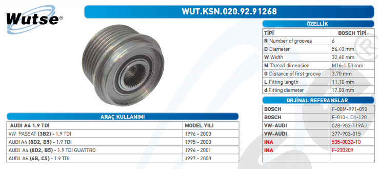 ALTERNATÖR KASNAĞI (BOSCH TİPİ) A4 1.9 97-00/PASSAT 1.9/A6 1.9