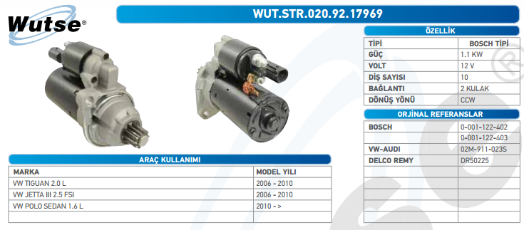 MARŞ MOTORU 12V (BOSCH TİPİ) 1,1KW VW POLO SEDAN 1.6L