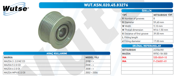 ALTERNATÖR KASNAĞI (MITSUBISHI TİPİ) MAZDA III 2,0/MAZDA V 2,0