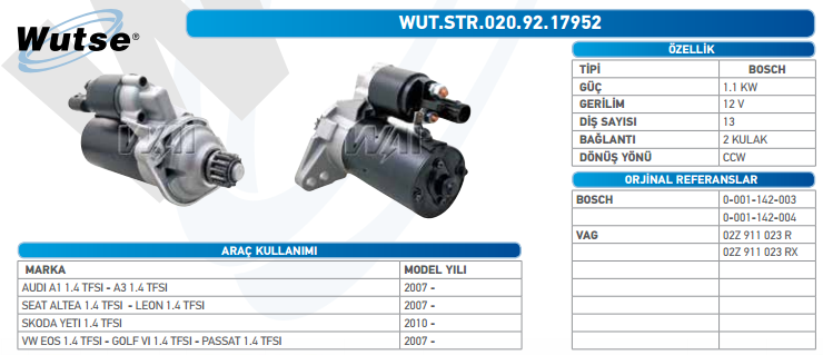 MARŞ MOTORU 12V (BOSCH TİPİ) 1,1 KW 13T SEAT LEON