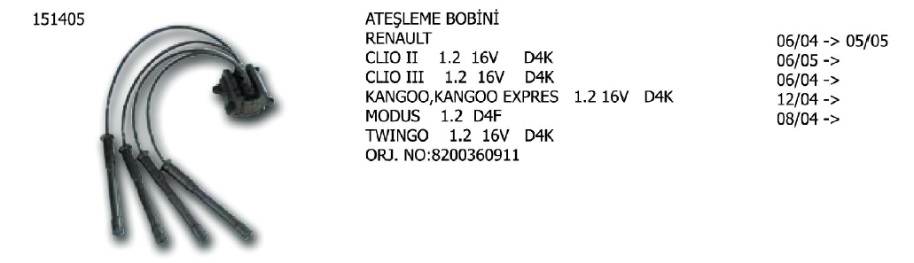 ATEŞLEME BOBİNİ RENAULT CLIO 05- / KANGOO 01- / MODUS 04- / THALIA 02- / TWINGO 07-