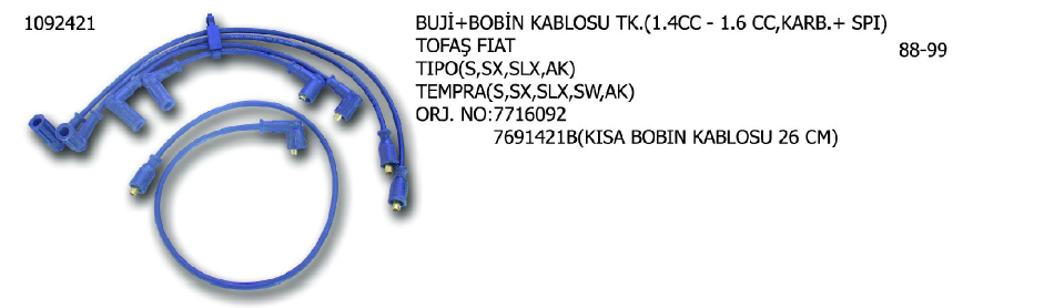 BUJİ+BOB.KABLOSU FIAT  TEMPRA 92-96 / TIPO 89-95 / UNO 89-96 / PEUGEOT EXPERT 96- / CITROEN JUMPY 95-