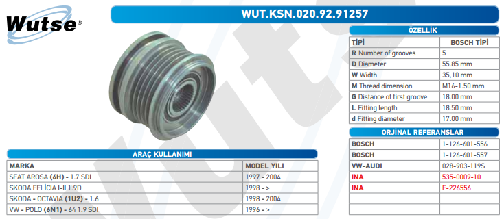 ALTERNATÖR KASNAĞI (BOSCH TİPİ) SEAT AROSA/S.FELICIA I-II 1,9D