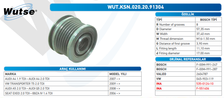 ALTERNATÖR KASNAĞI (BOSCH TİPİ) AUDI A4 1,9TDI 07-/VW 1,4TDİ 05