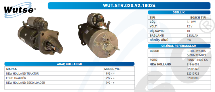 MARŞ MOTORU 12V (BOSCH TİPİ) 3,6KW NEW HOLLAND TRAK