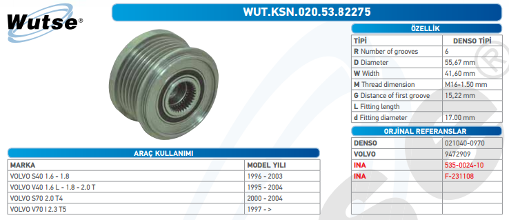 ALTERNATÖR KASNAĞI (DENSO TİPİ) VOLVO S40 I 1,6-1,8 -2,0 96-03