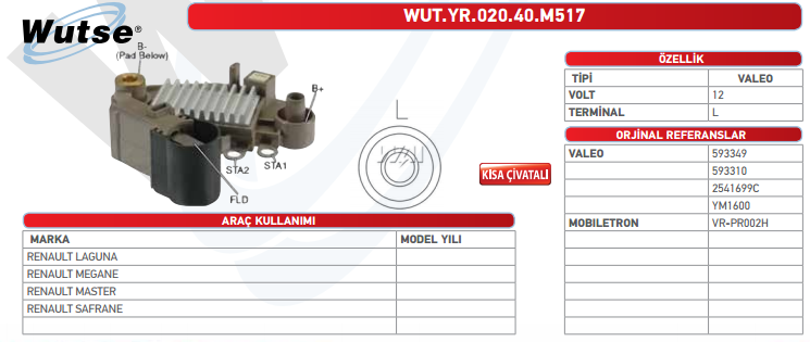 KONJEKTÖR 12V (VALEO TİPİ) KISA CIVATALI LAGUNA/MEGANE