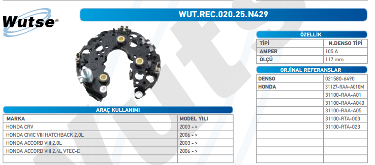 DİOT TABLASI (NIPPON DENSO TİPİ) 105A H.CIVIC VII-VIII 06-