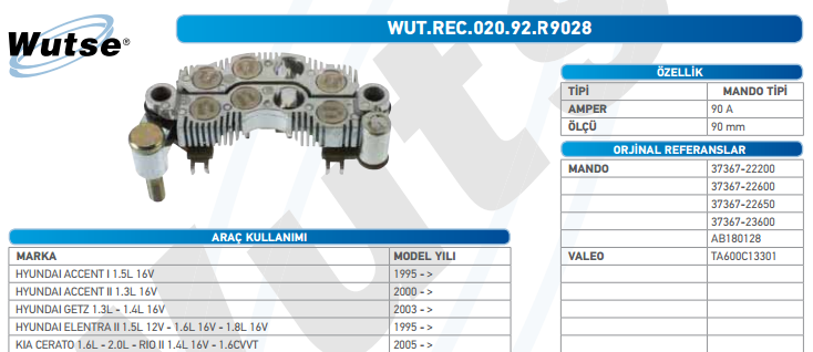 DİOT TABLASI (MANDO TİPİ) 90A ACCENT 1.3 00-03/ELANTRA 00-