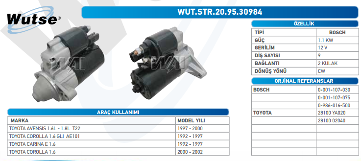 MARŞ MOTORU 12V (BOSCH TİPİ) 1.1KW 9T TOYOTA COROLLA 1.6