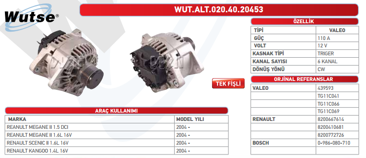 ALTERNATÖR 12V (VALEO TİPİ) 110A REN MEGANE II 1.5 DCI