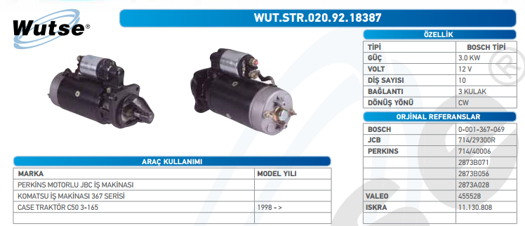 MARŞ MOTORU 12V (BOSCH TİPİ) 2,8 PERKINS JCB