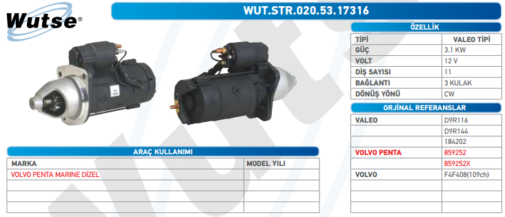 MARŞ MOTORU 12V (VALEO TİPİ) 3,1KW 11T VOLVO PENTA MAR