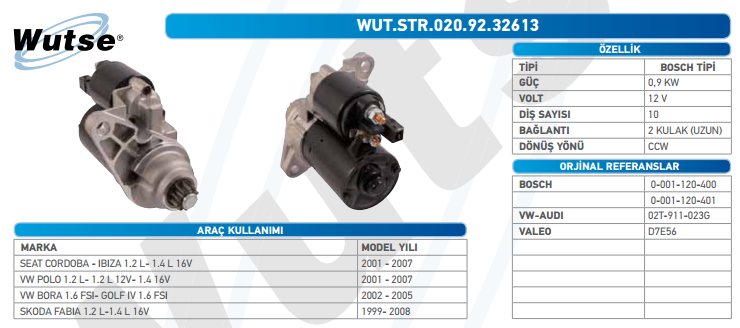 MARŞ MOTORU 12V (BOSCH TİPİ) 0,9KW 10T CCW VWAGEN B