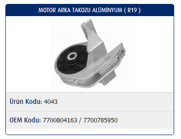 MOTOR TAKOZU (ARKA)(ALÜMİNYUM) RENAULT R19 / MEGANE I / SCENIC I / CLIO I