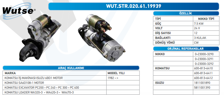 MARŞ MOTORU 24V (NIKKON TİPİ) 7.5KW 12T KOMATSU İŞ MAK.