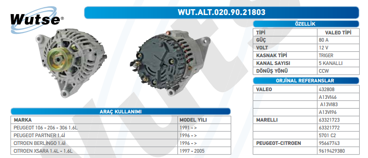 ALTERNATÖR 12V (VALEO TİPİ) 80A PEU 106-206-306 1.6L-CIT BER