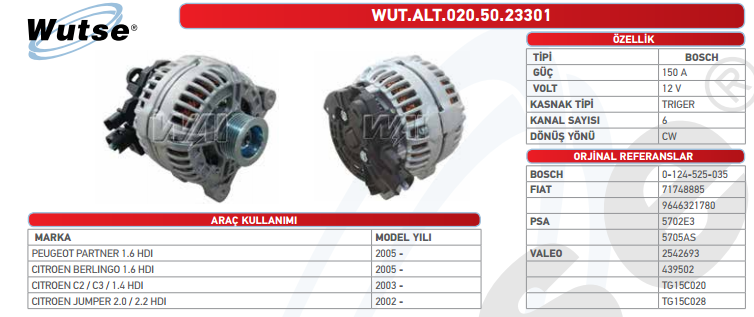 ALTERNATÖR 12V 150A PEGAUT PARTNER 1,6HDI