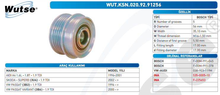 ALTERNATÖR KASNAĞI (BOSCH TİPİ) AUDI A4 1.9TDİ 1,6-1,8 96-01