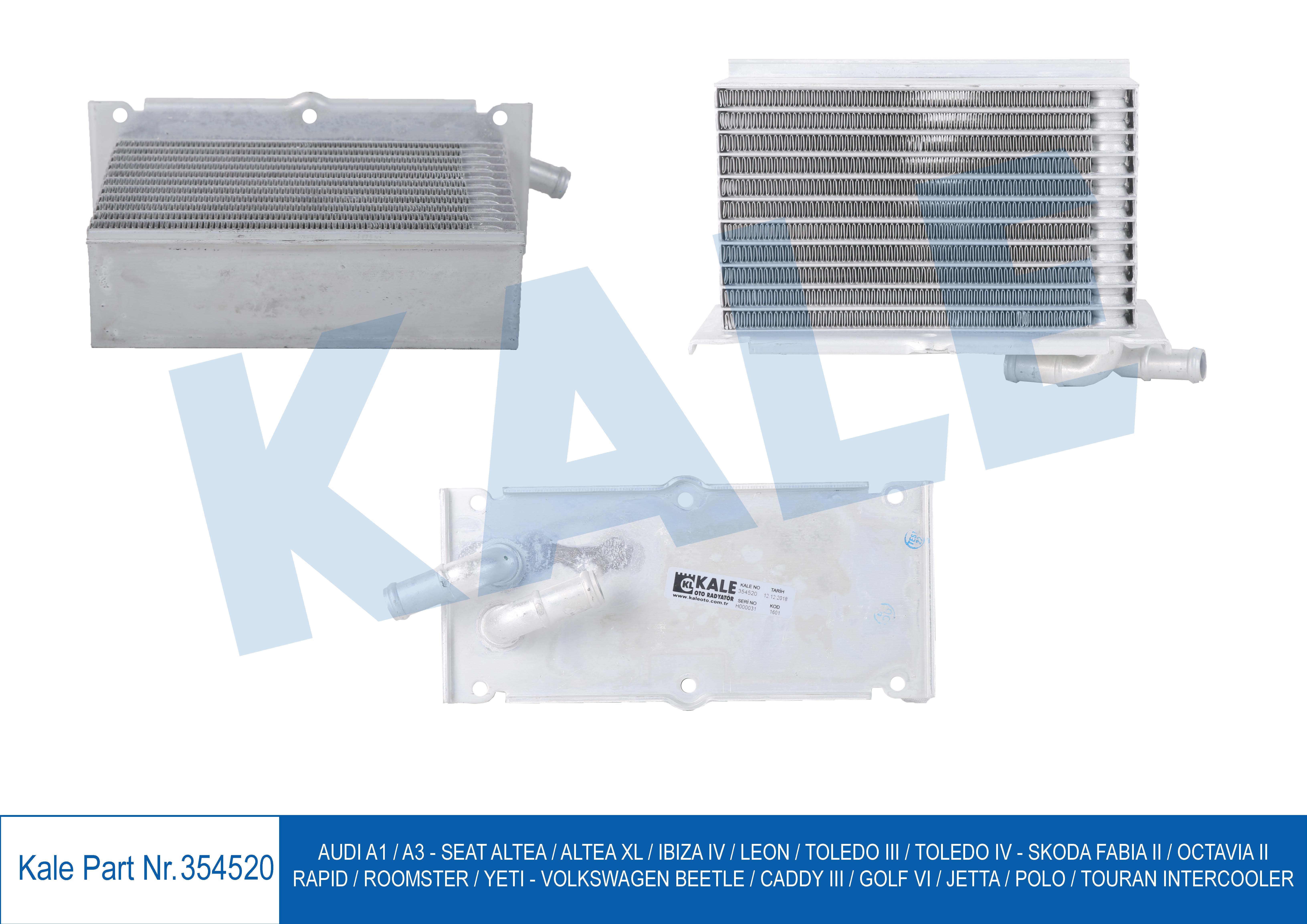 INTERCOOLER (YAĞ SOĞUTUCU)(PLAKA TİPİ) AUDI A1 / A3 - SEAT ALTEA / ALTEA XL / IBIZA IV / LEON / TOLEDO III / TOLEDO IV - SKODA FABIA II / OCTAVIA II / RAPID / ROOMSTER / YETI - VOLKSWAGEN BEETLE / CADDY III / GOLF VI / JETTA / POLO / TOURA