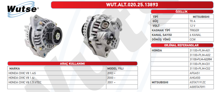 ALTERNATÖR 12V 70A HO CIVIC VII 1.4İS -1.6İ 01-05