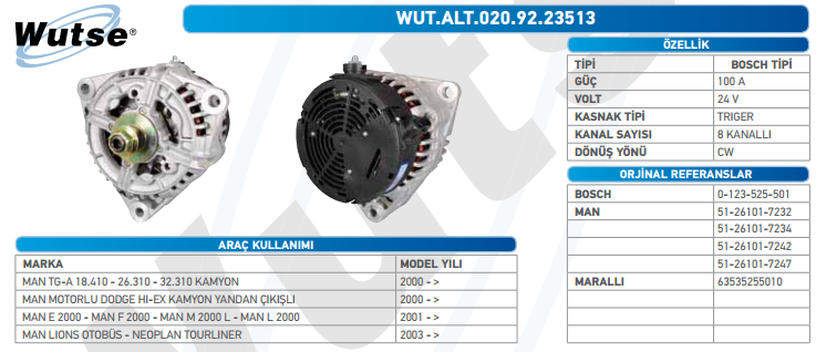 ALTERNATÖR 24V (BOSCH TİPİ) 100A MAN TG-A/DODGE