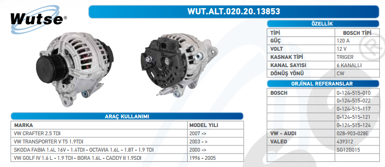 ALTERNATOR 12V CRAFTER TİP 120 A V.WAGEN 2,5 TDİ