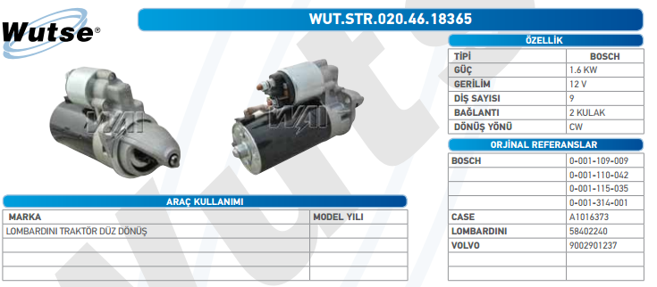 MARŞ MOTORU 12V (BOSCH TİPİ) 1.6KW 9DİŞ LONBARD TRK