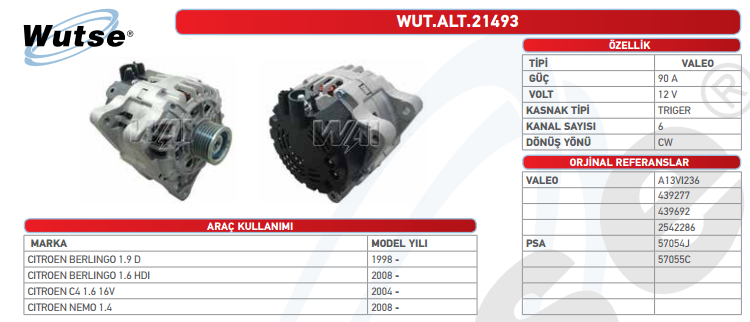 ALTERNATÖR 12V (VALEO TİPİ) 90A PEUGEOT PARTNER / 307 /BIPPER