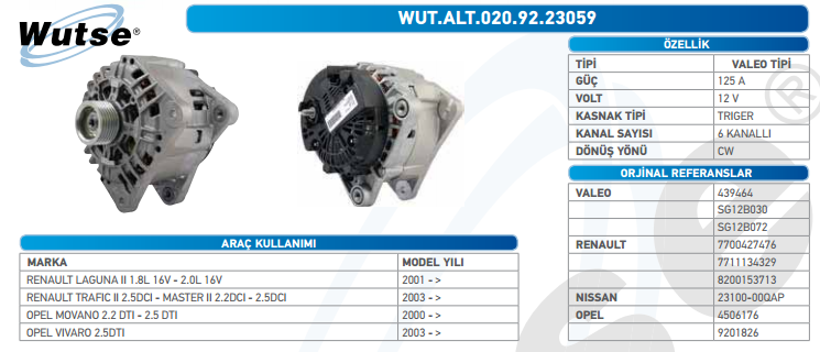 ALTERNATÖR 12V (VALEO TİPİ) 125A R.LAGUNA II 1,8L