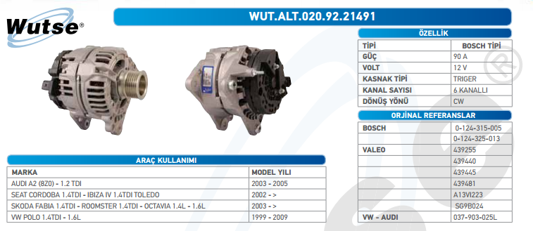 ALTERNATÖR 12V (BOSCH TİPİ) 90A SEAT LEON- AROSA -TOLEDO-CORDOB