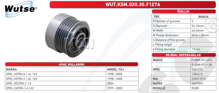 ALTERNATÖR KASNAĞI (BOSCH TİPİ) OPEL ASTRA G 1.4/1.6