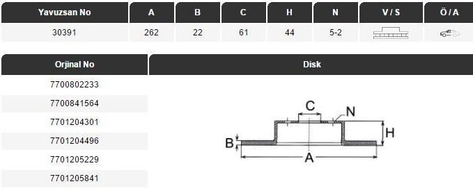 FREN DİSKİ (ÖN)(262MM) LAGUNA 2.0I-SAFRENA I-II