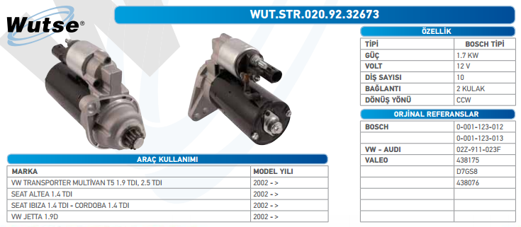 MARŞ MOTORU 12V (BOSCH TİPİ) T.SPORTER T5 1.9TDI